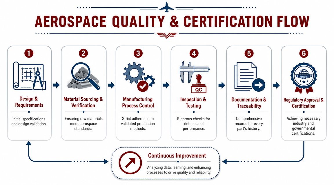A six-step flowchart illustrating the aerospace quality and certification process from design to final regulatory approval.