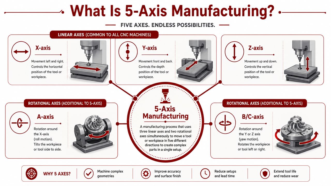 An infographic explaining the components and benefits of 5-axis manufacturing technology in CNC machining.