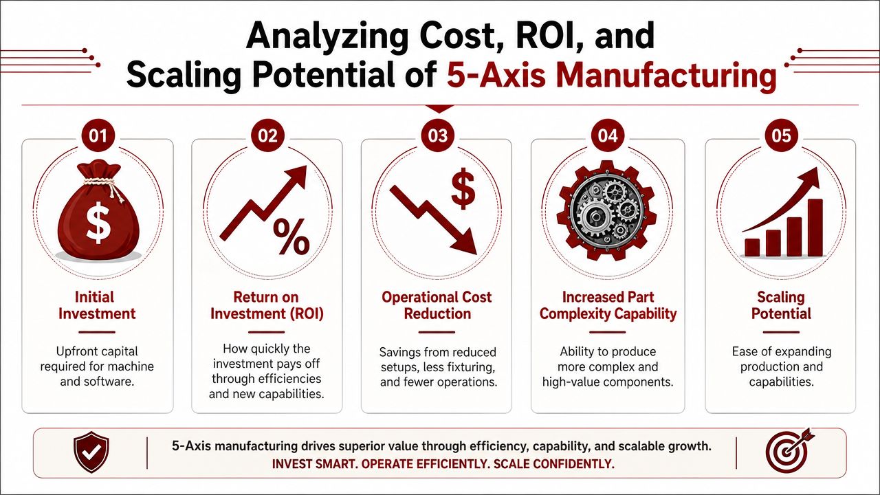 An infographic showing the five key financial and operational benefits of investing in 5-axis manufacturing technology.