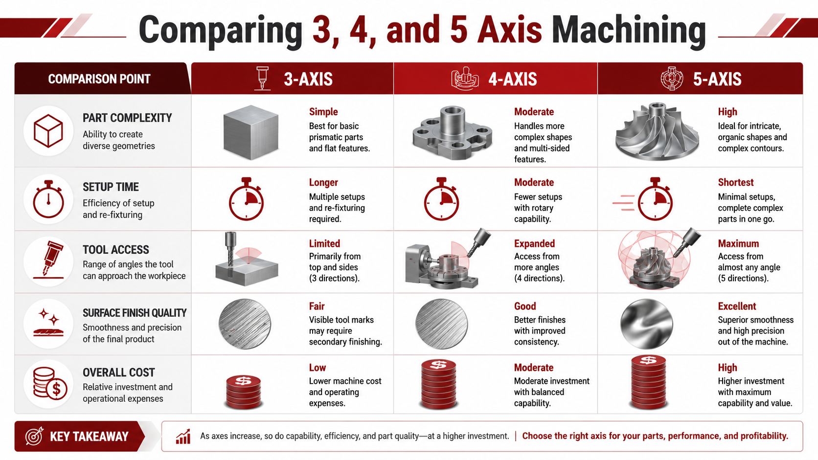 A comparison chart outlining the differences in complexity, setup time, tool access, finish, and cost for 3, 4, and 5-axis machining.
