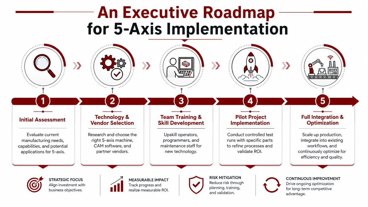 A five-step roadmap for implementing 5-axis manufacturing technology, showing assessment, selection, training, testing, and full integration.