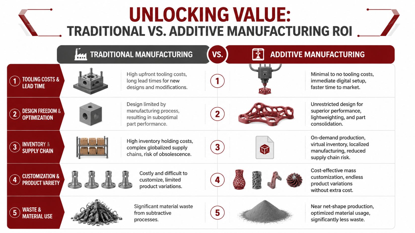 A comparison chart showing benefits of additive manufacturing over traditional manufacturing across five key business areas.