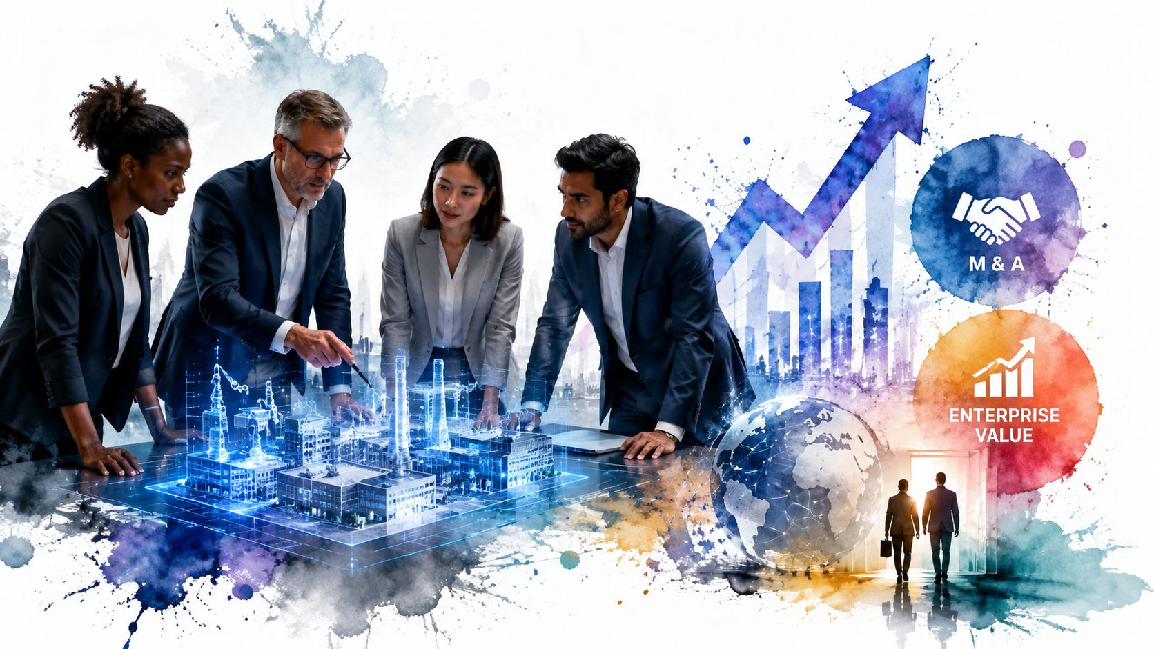 A professional team reviews a holographic 3D model of a factory to discuss corporate strategy and growth.