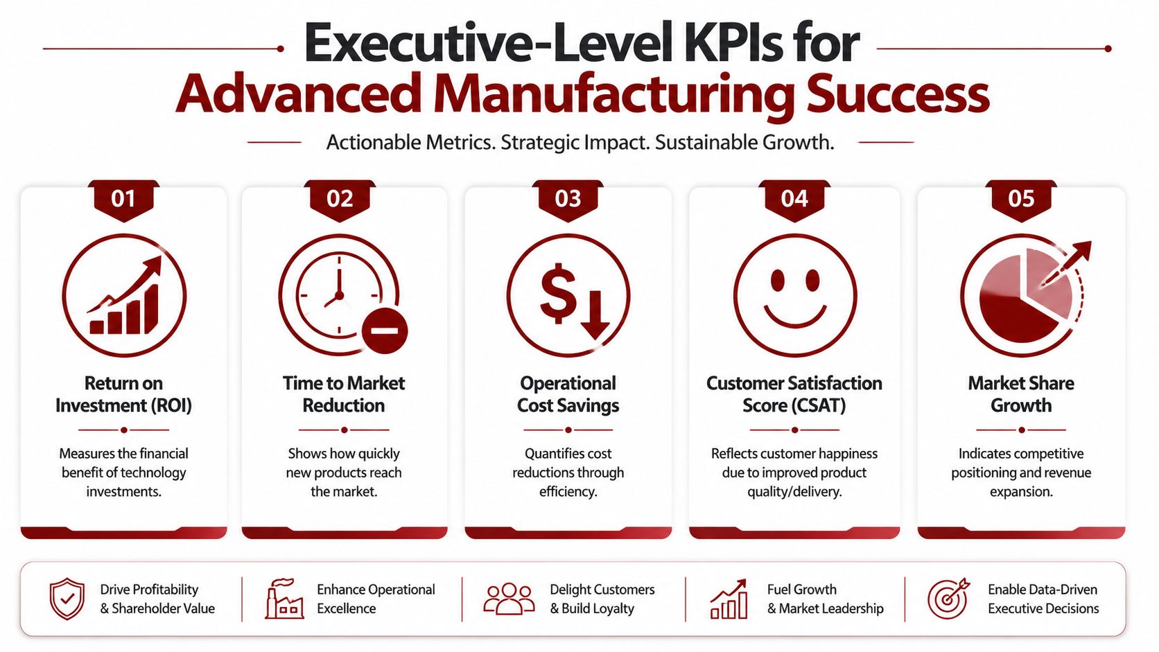 An infographic detailing five key executive-level performance indicators for achieving success in advanced manufacturing processes.