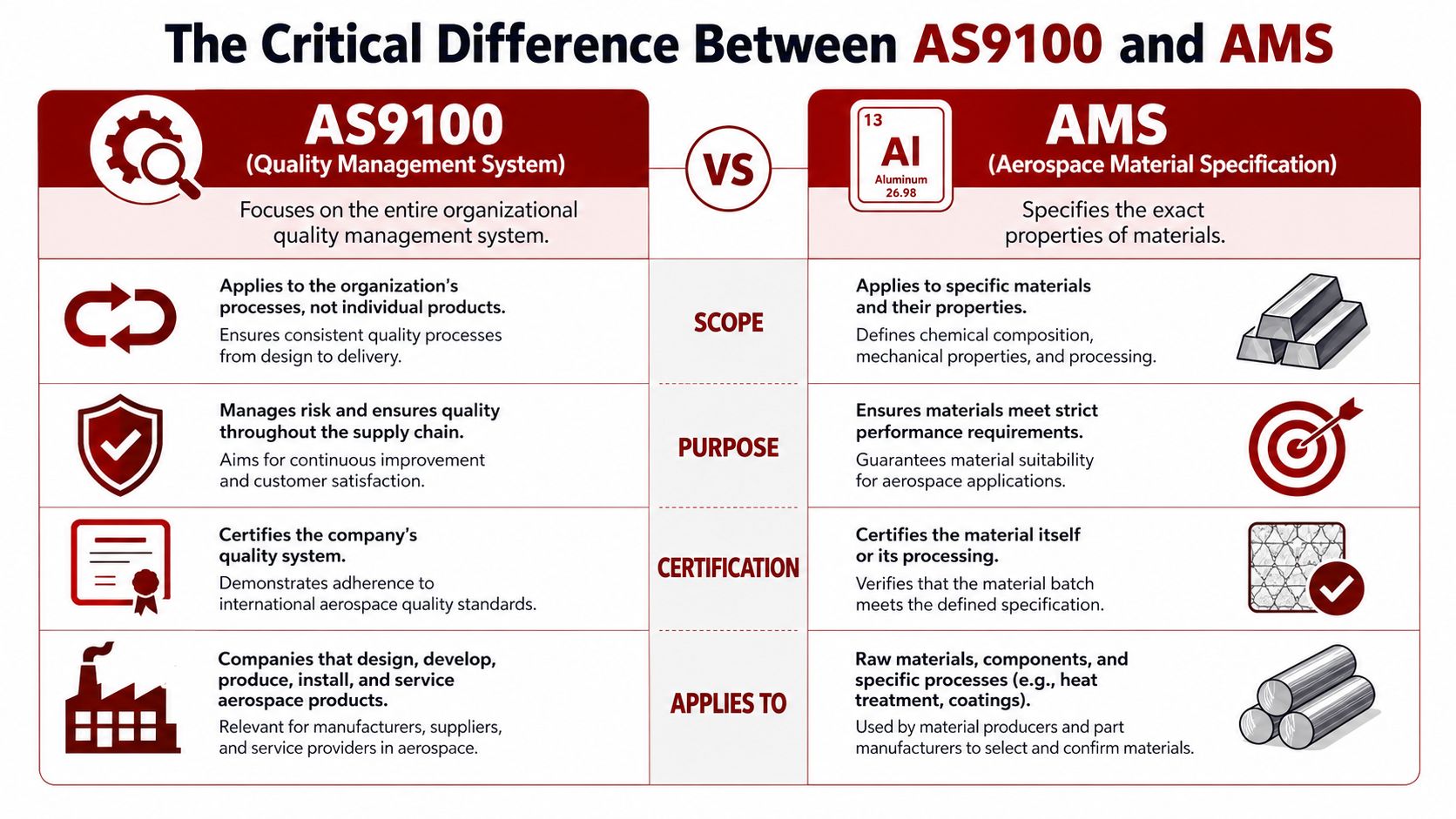 A comparison chart outlining the critical differences between AS9100 quality management systems and AMS aerospace material specifications.