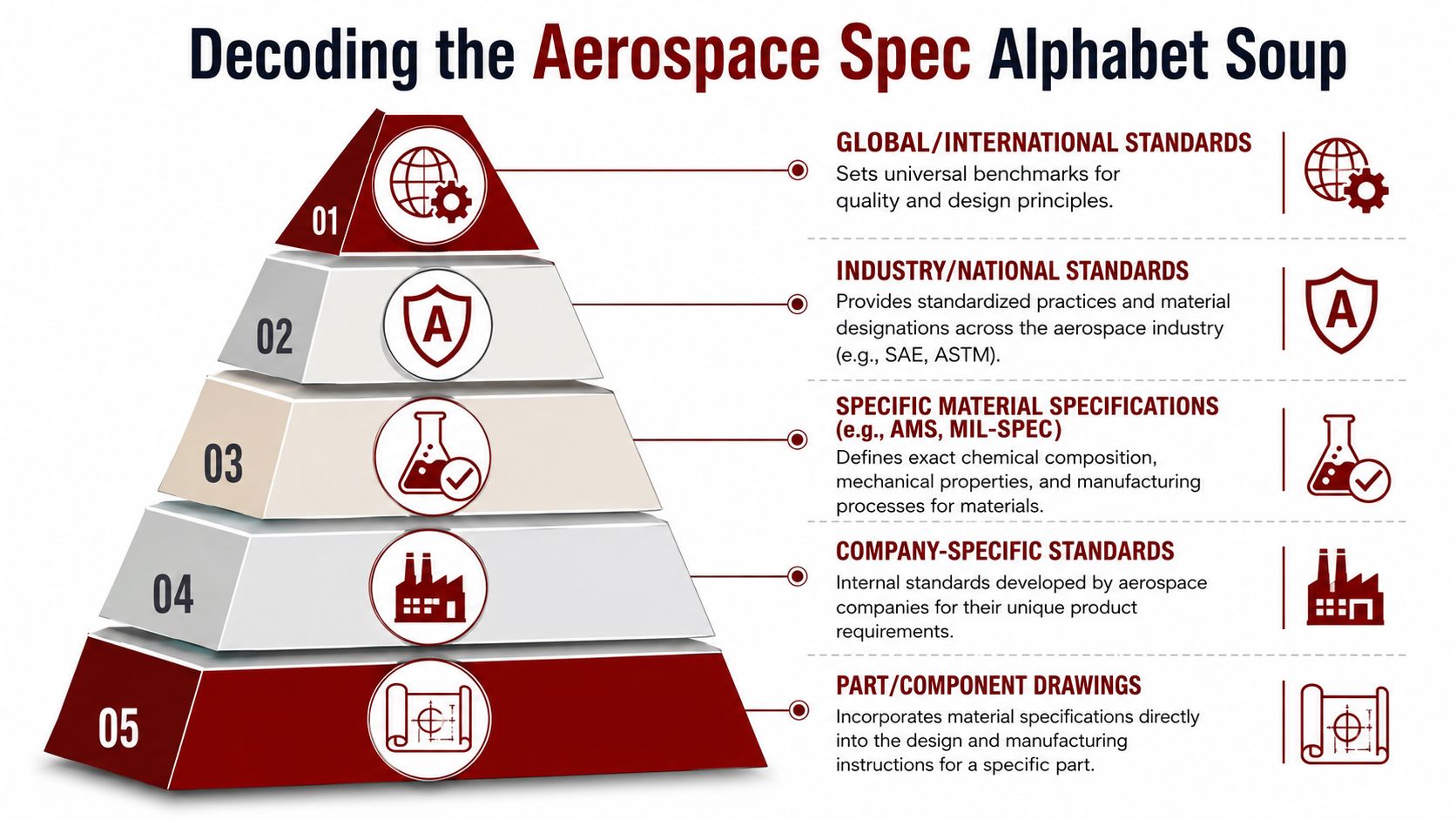 A pyramid diagram explaining the hierarchy of five levels of aerospace industry specifications and standards.