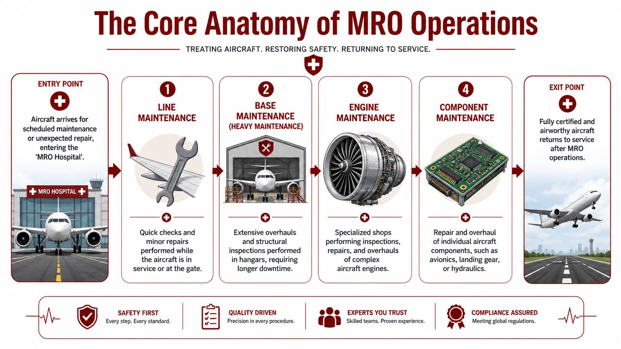 An infographic titled The Core Anatomy of MRO Operations, detailing the aircraft maintenance process from entry to exit.