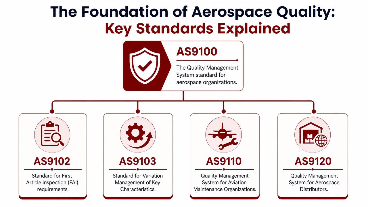 A diagram illustrating key aerospace quality standards including AS9100, AS9102, AS9103, AS9110, and AS9120 quality management systems.