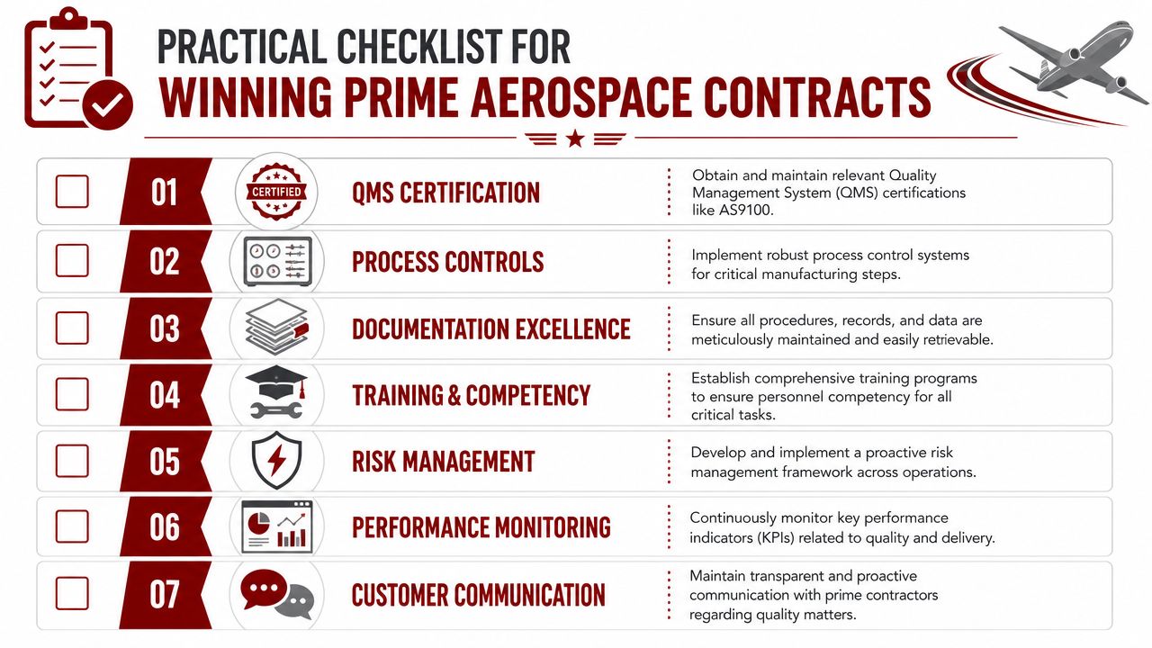 A practical checklist infographic outlining seven key requirements for winning prime aerospace manufacturing contracts.