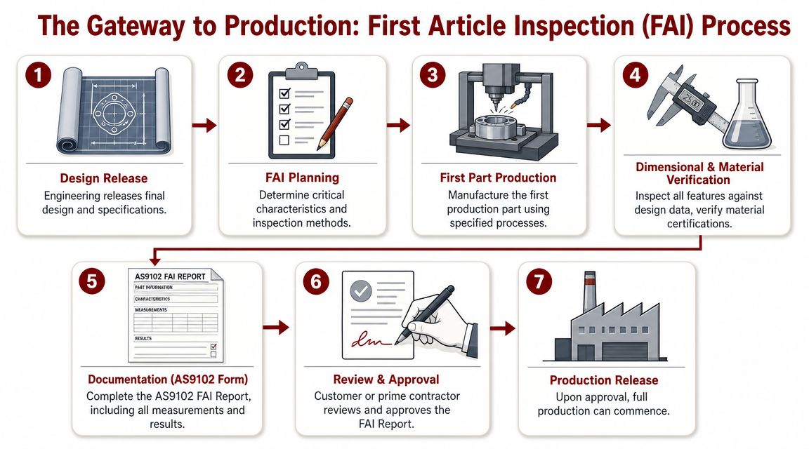 A flow chart outlining the seven-step First Article Inspection process from design release to production release.