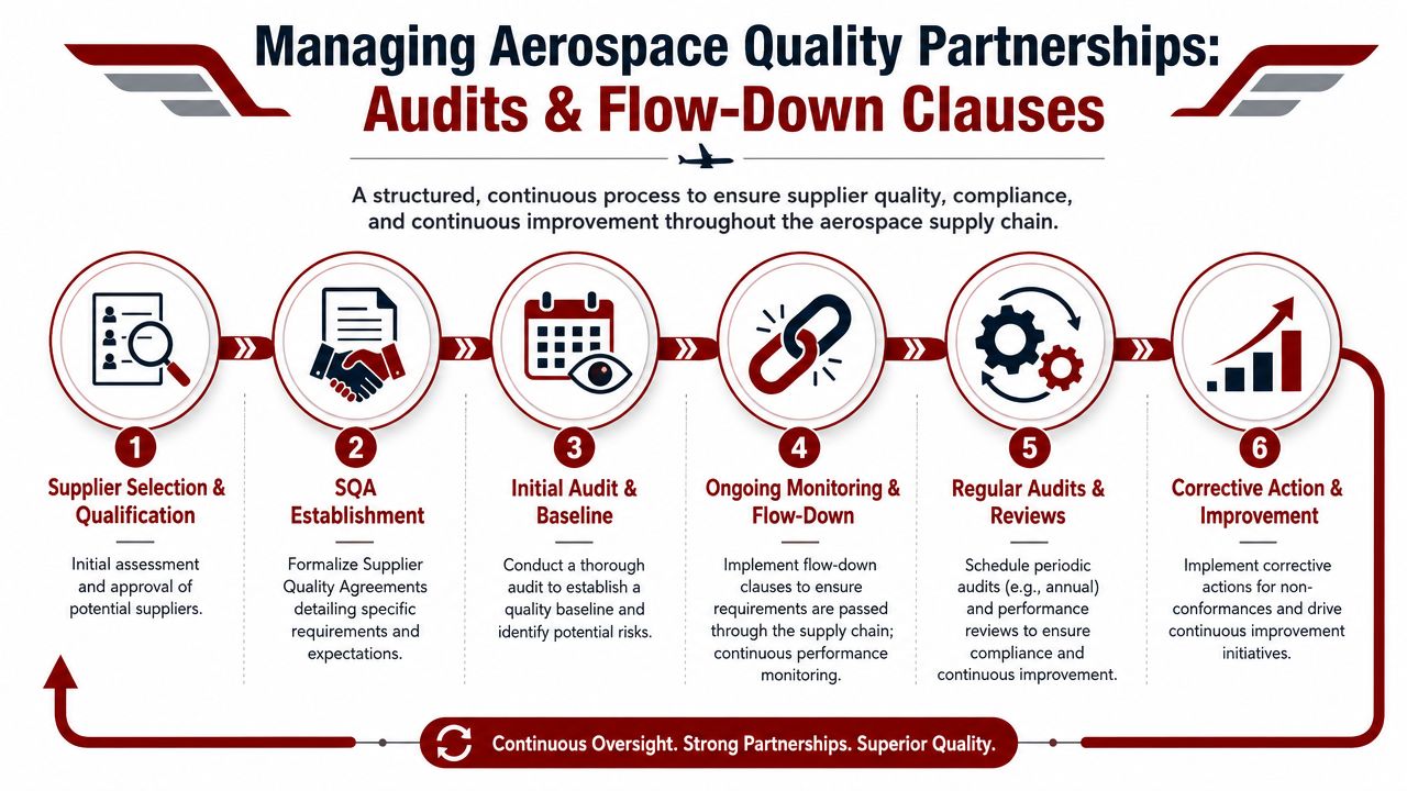 A six-step process diagram illustrating how to manage aerospace supplier quality partnerships through audits and clauses.