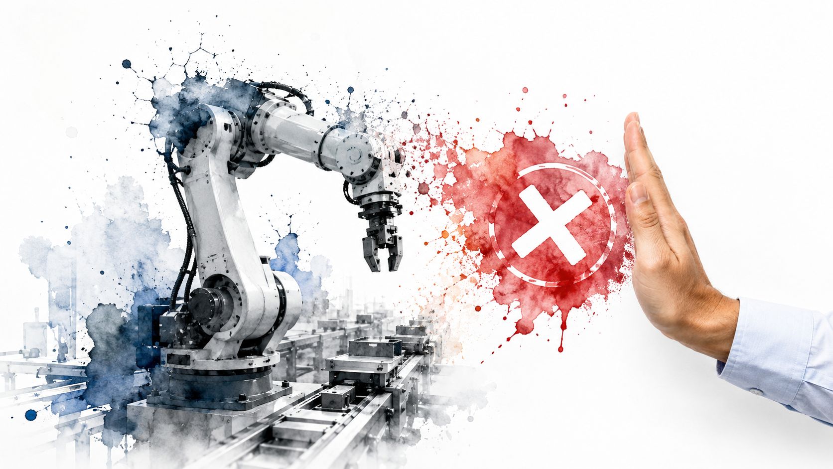 A hand making a stop gesture in front of an industrial robot arm with red warning symbols.