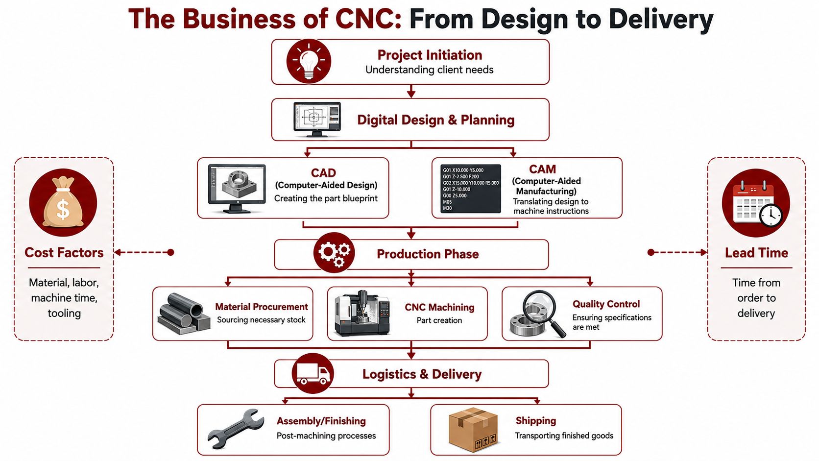 A flowchart diagram illustrating the end-to-end CNC manufacturing process from initial design to final product delivery.