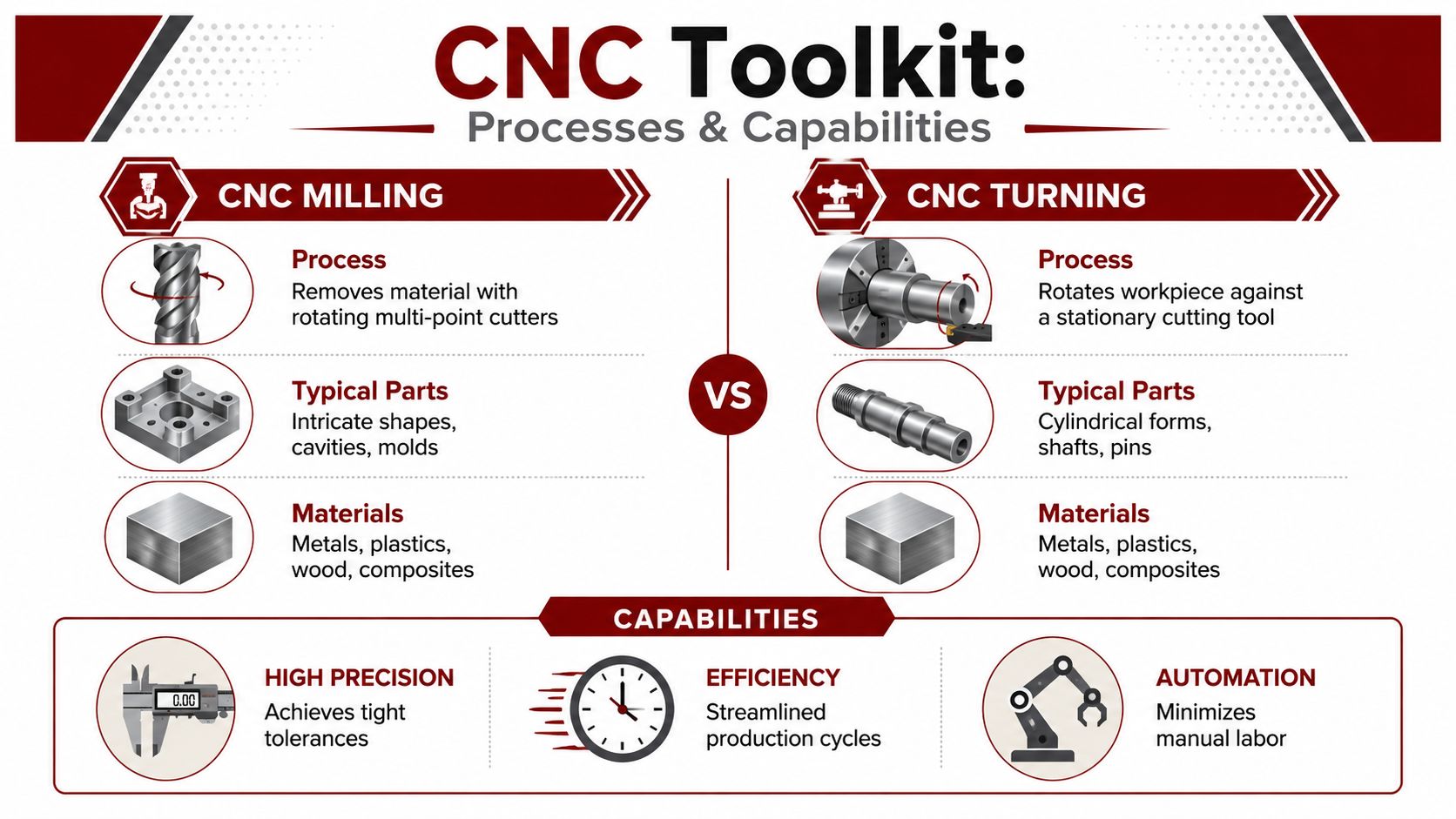 An infographic comparing CNC milling and turning processes, highlighting their distinct methods, typical parts, and shared industrial capabilities.