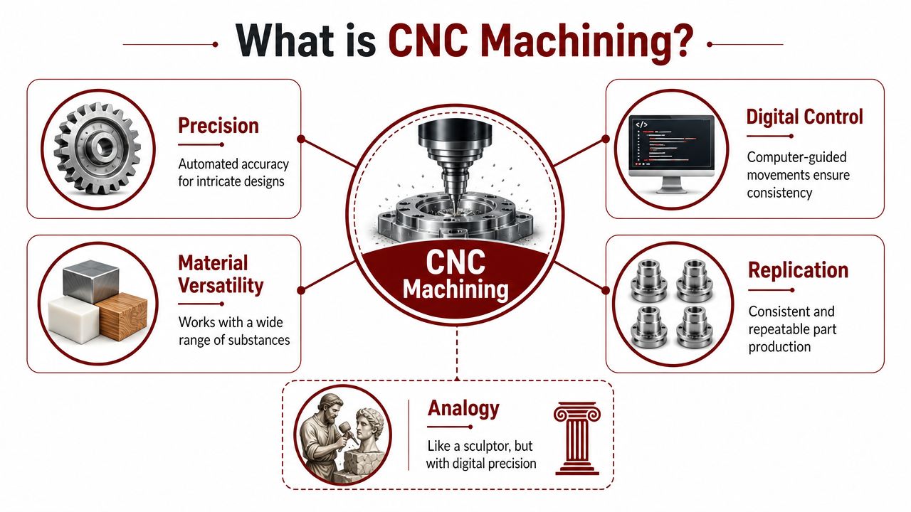 An infographic explaining the benefits of CNC machining including precision, material versatility, digital control, and replication.