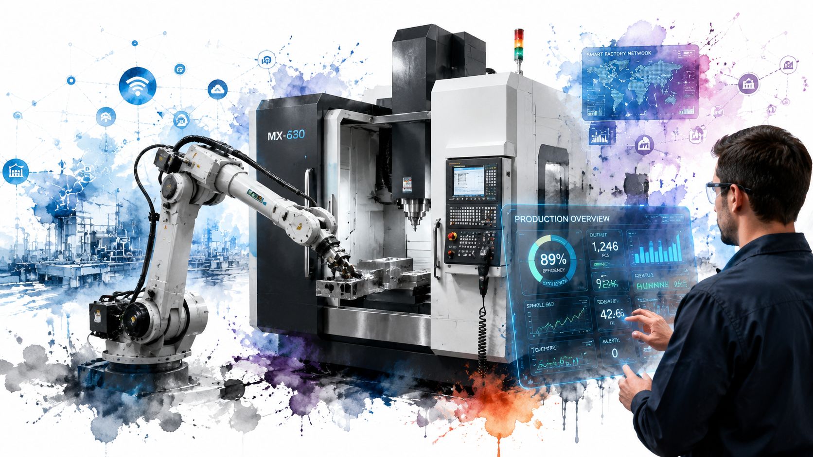 A technician monitoring a CNC milling machine with a robotic arm using a digital augmented reality interface.