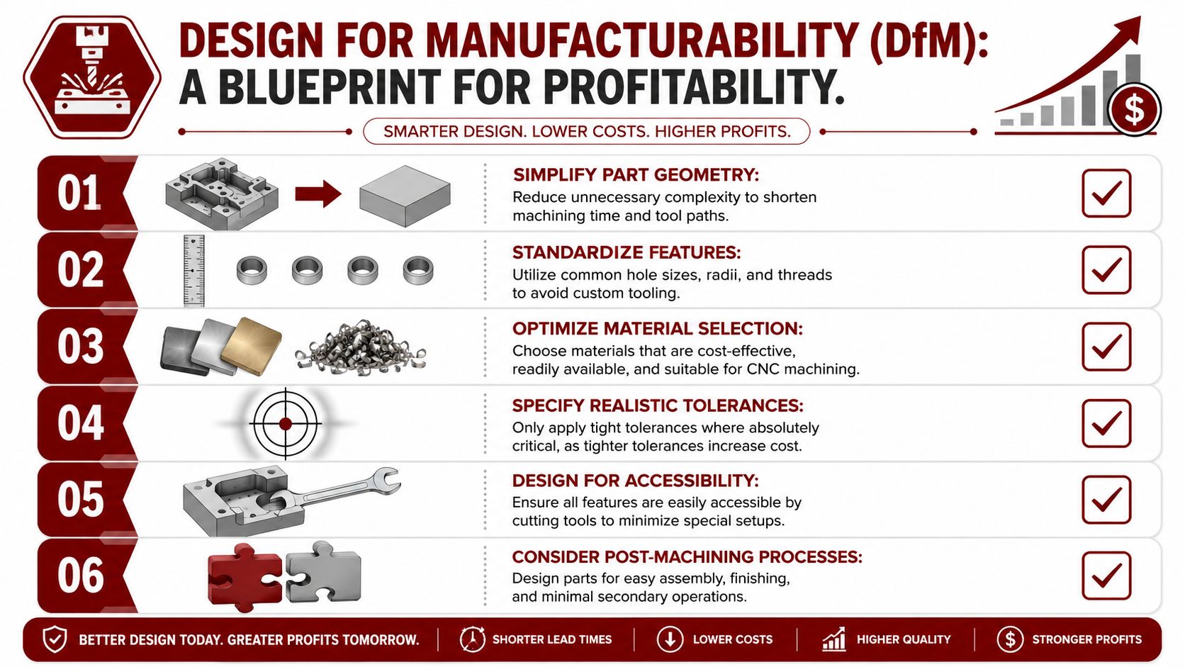 An infographic detailing six essential steps for Design for Manufacturability (DfM) to optimize CNC machining processes.