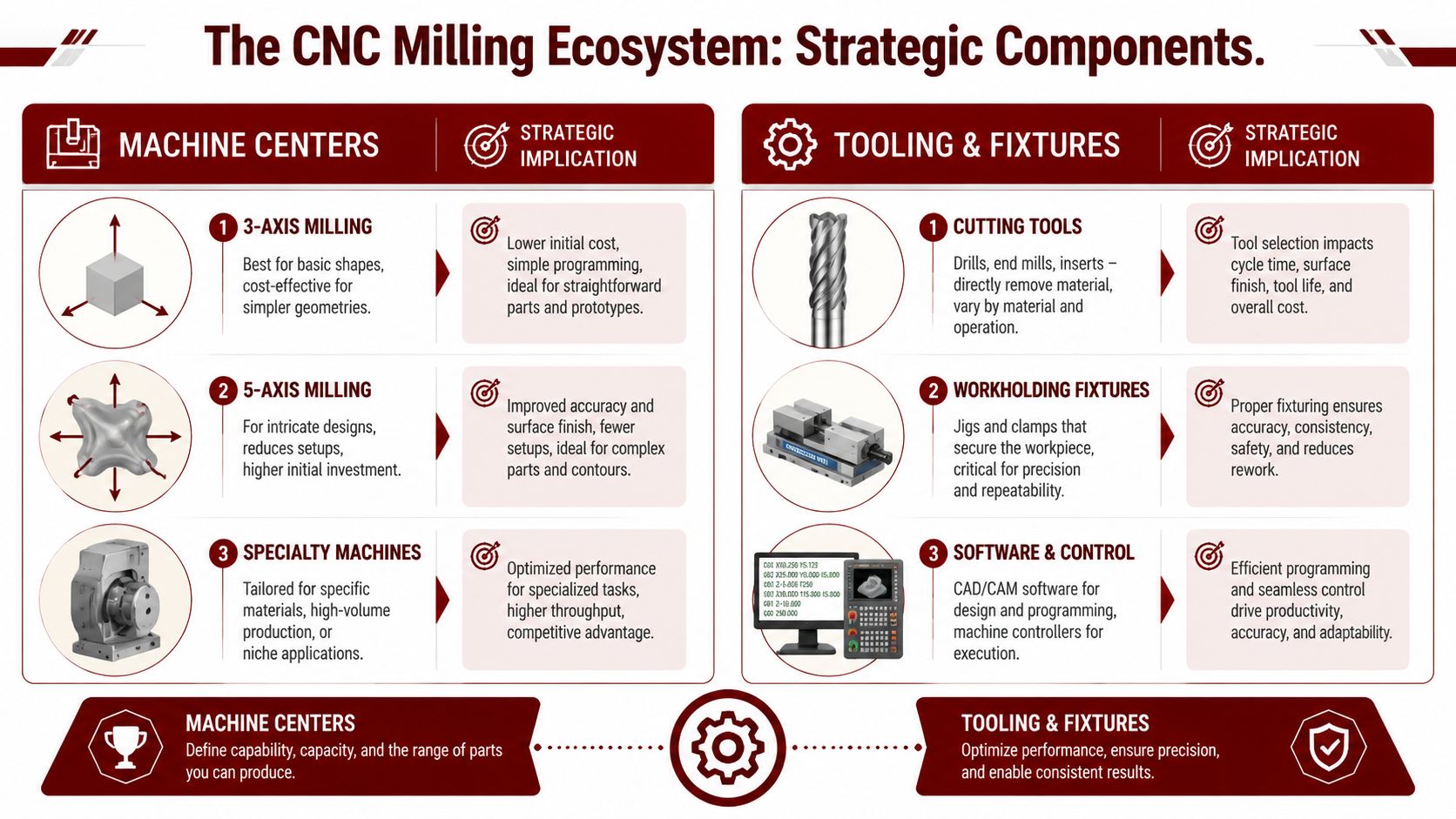 An infographic titled The CNC Milling Ecosystem outlining strategic components of machine centers, tooling, and fixtures.