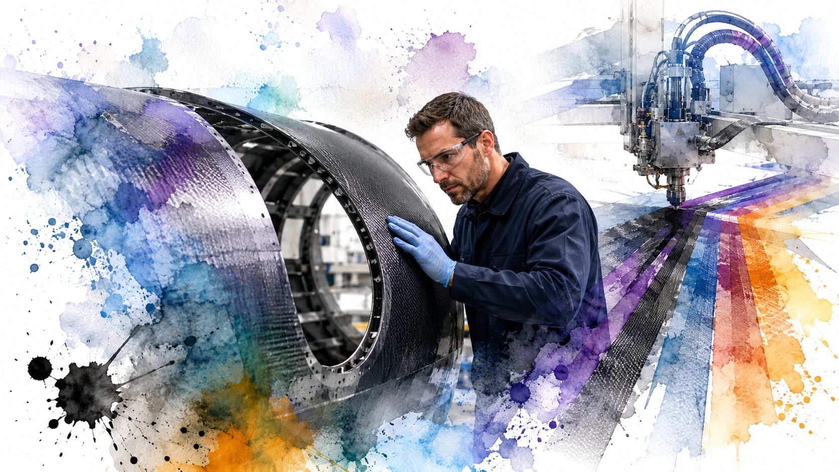 An aerospace engineer inspecting a complex carbon fiber aircraft component during an automated manufacturing process in a factory.