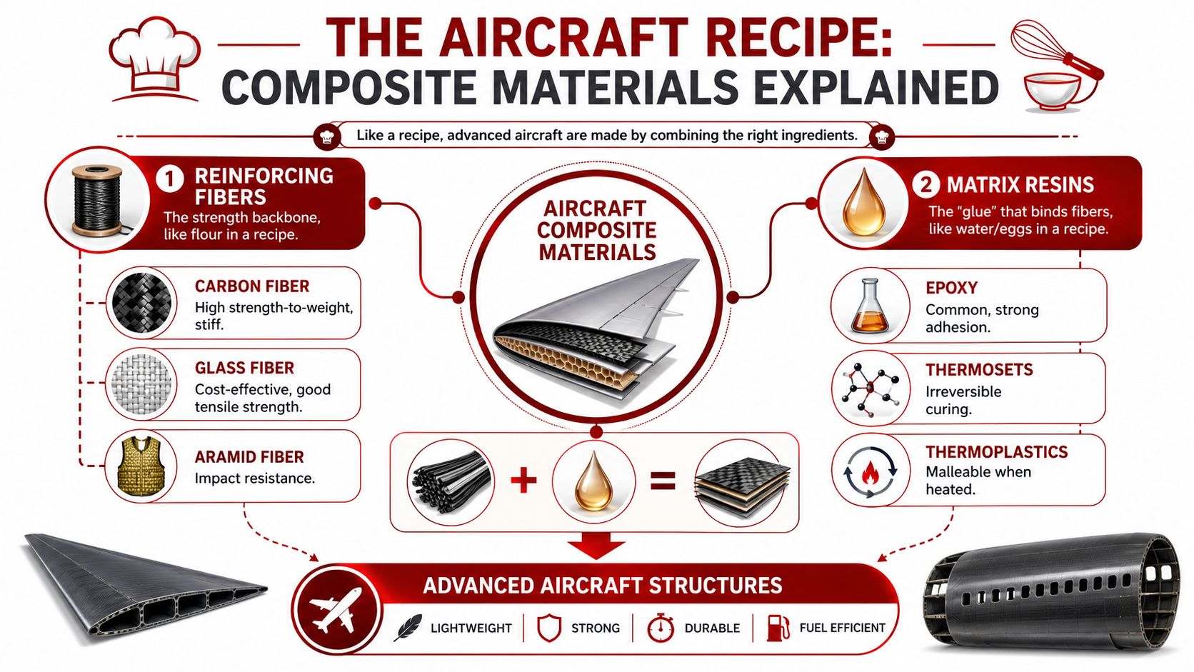 An infographic explaining composite materials used in aircraft construction, featuring reinforcing fibers and matrix resins.