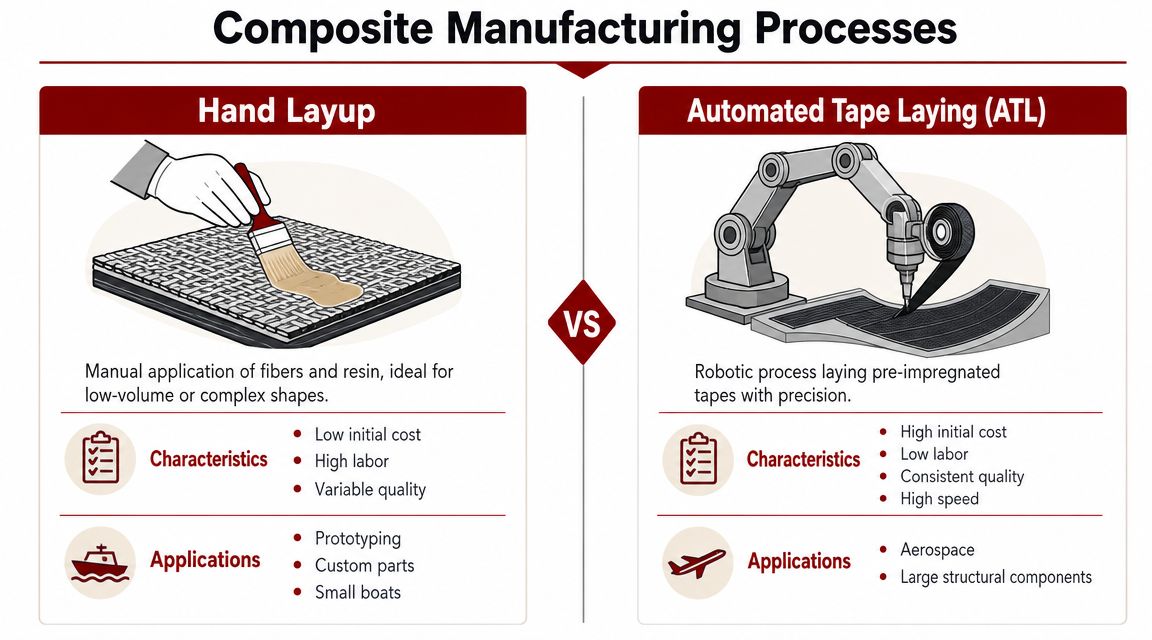A comparison chart showing Hand Layup versus Automated Tape Laying processes for composite materials manufacturing.
