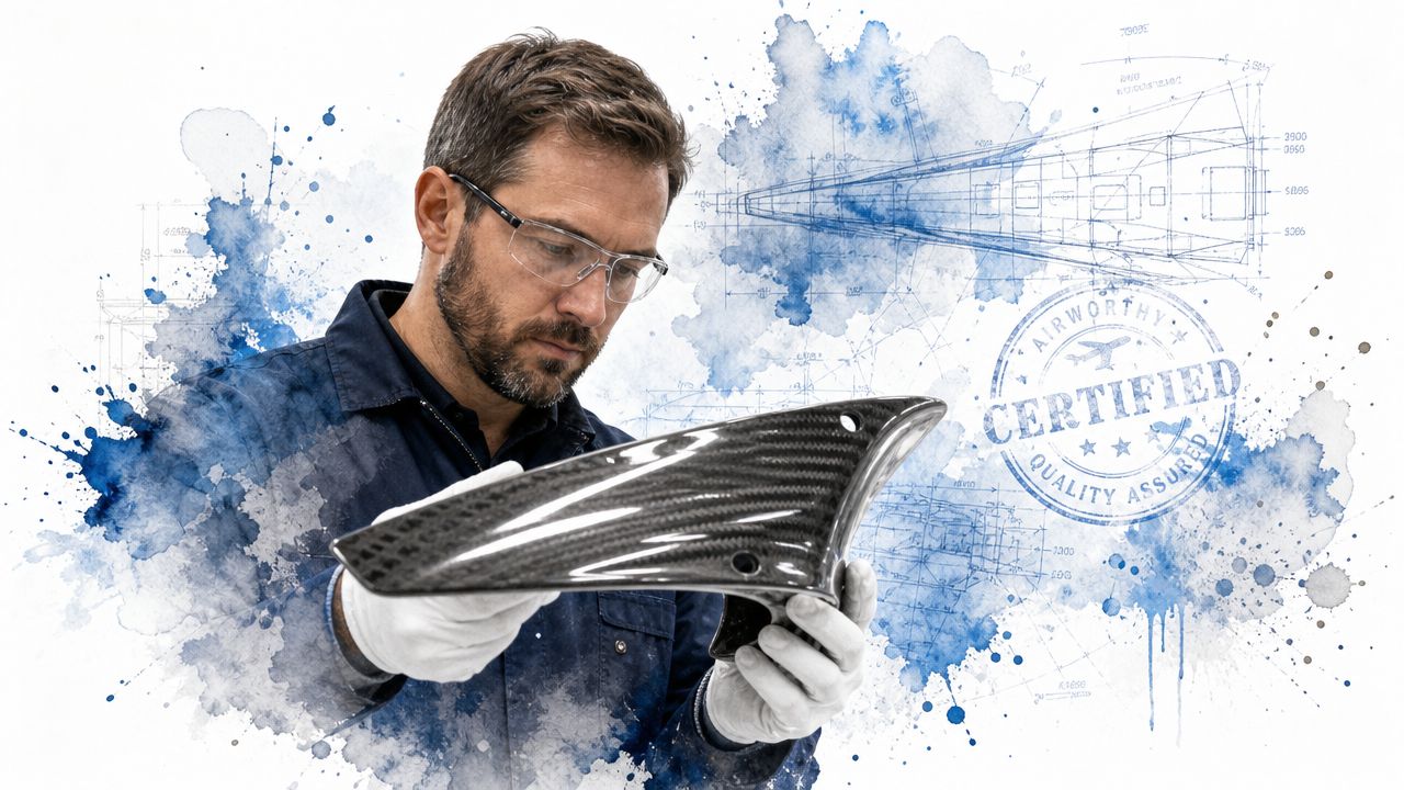 An aerospace engineer wearing safety glasses inspecting a carbon fiber composite component against an industrial blueprint background.