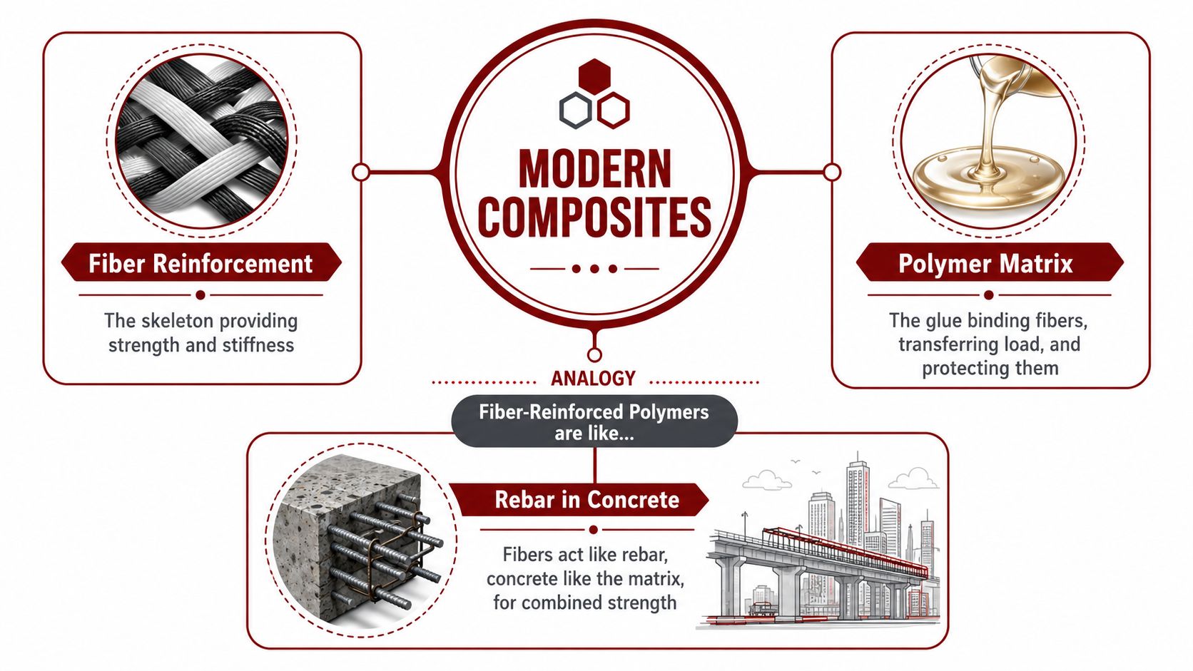 An infographic explaining modern composite materials, showing fiber reinforcement and polymer matrix using a rebar in concrete analogy.