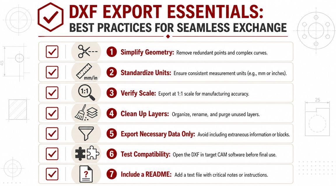 An infographic titled DXF Export Essentials, listing seven best practices for successfully exporting DXF files.