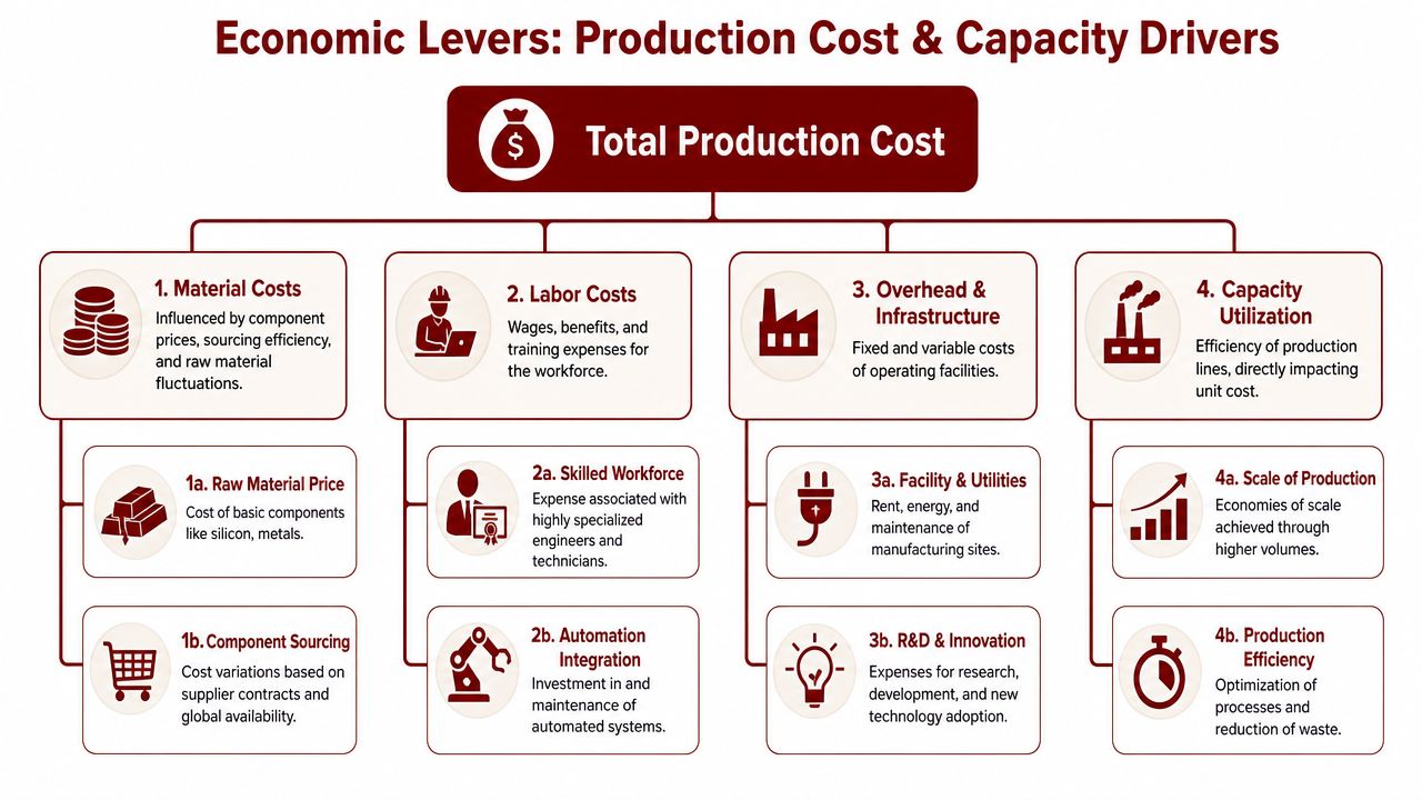 A diagram outlining the key economic levers affecting total production costs in electronics component manufacturing.