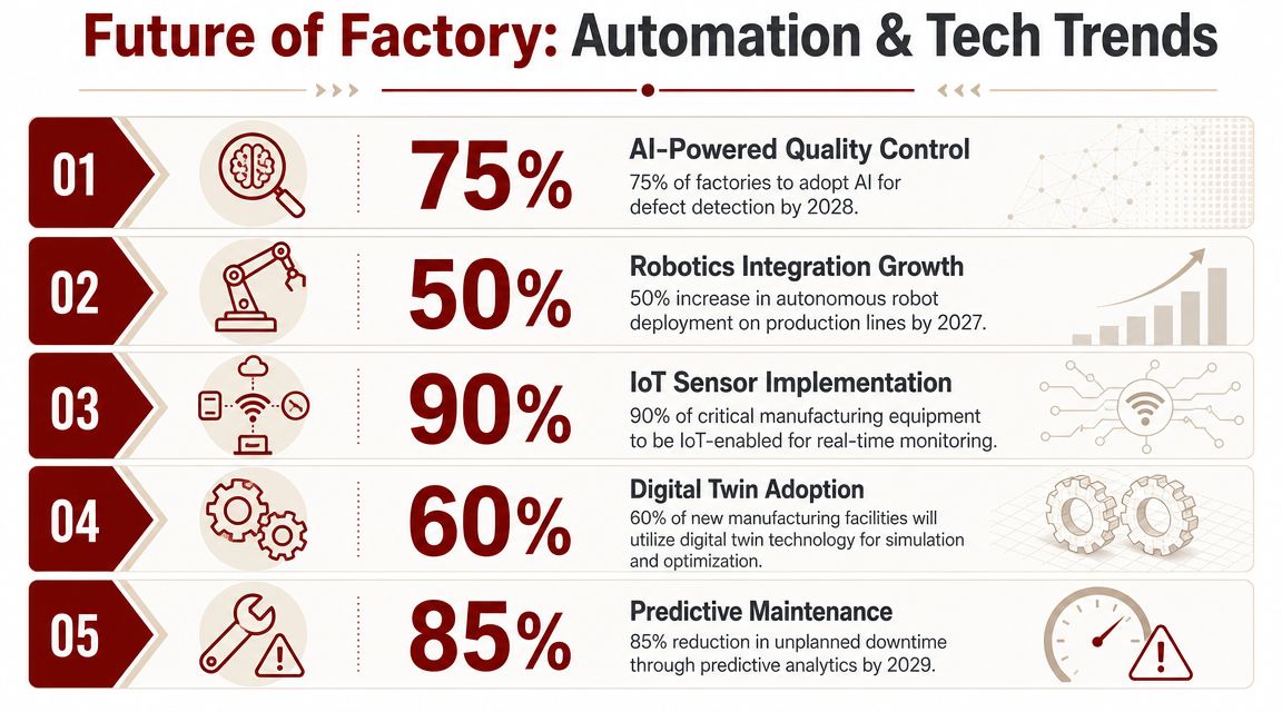 An infographic titled Future of Factory detailing five key automation and technology trends in manufacturing.