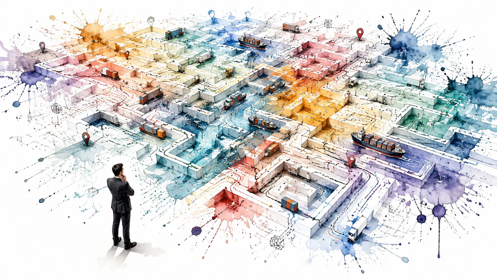 A businessman standing before a colorful watercolor map illustrating global supply chain and logistics routes.