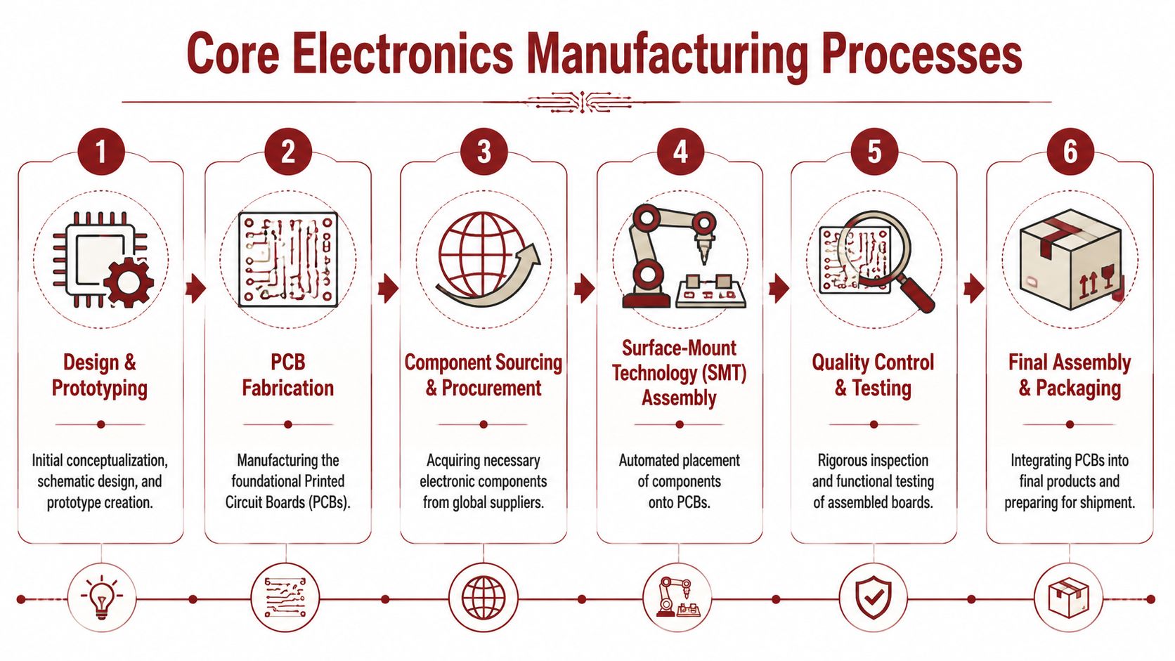 A flowchart showing the six core steps involved in the professional electronics manufacturing process.