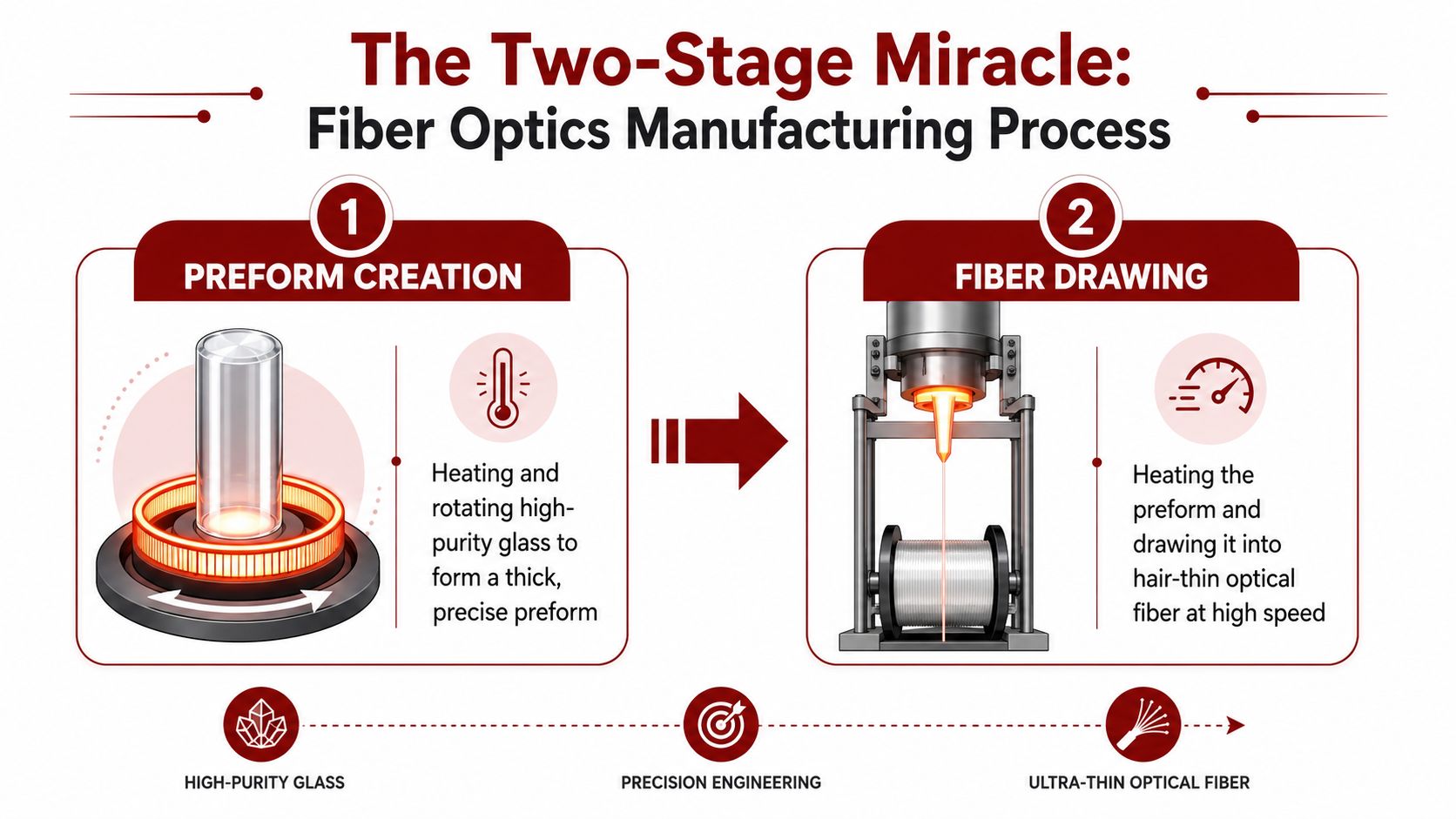 A diagram illustrating the two-stage fiber optics manufacturing process, showing preform creation and fiber drawing steps.