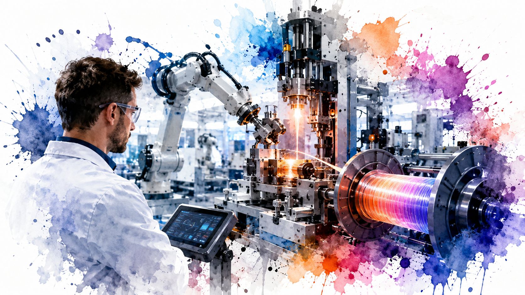 A technician in a lab coat monitors automated fiber optics manufacturing equipment using a digital tablet interface.