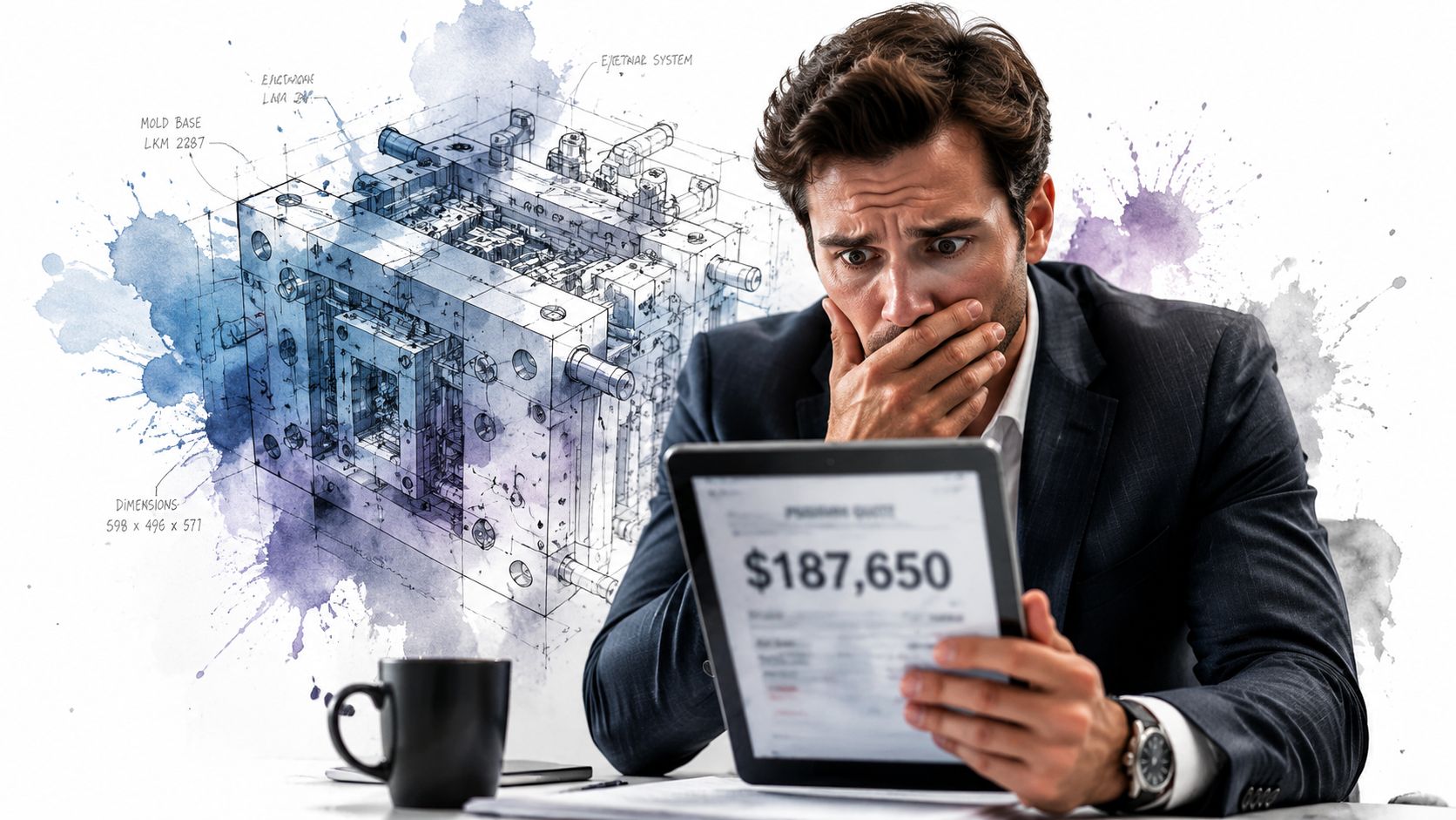 A concerned business man looking at a high injection mold cost on a digital tablet.