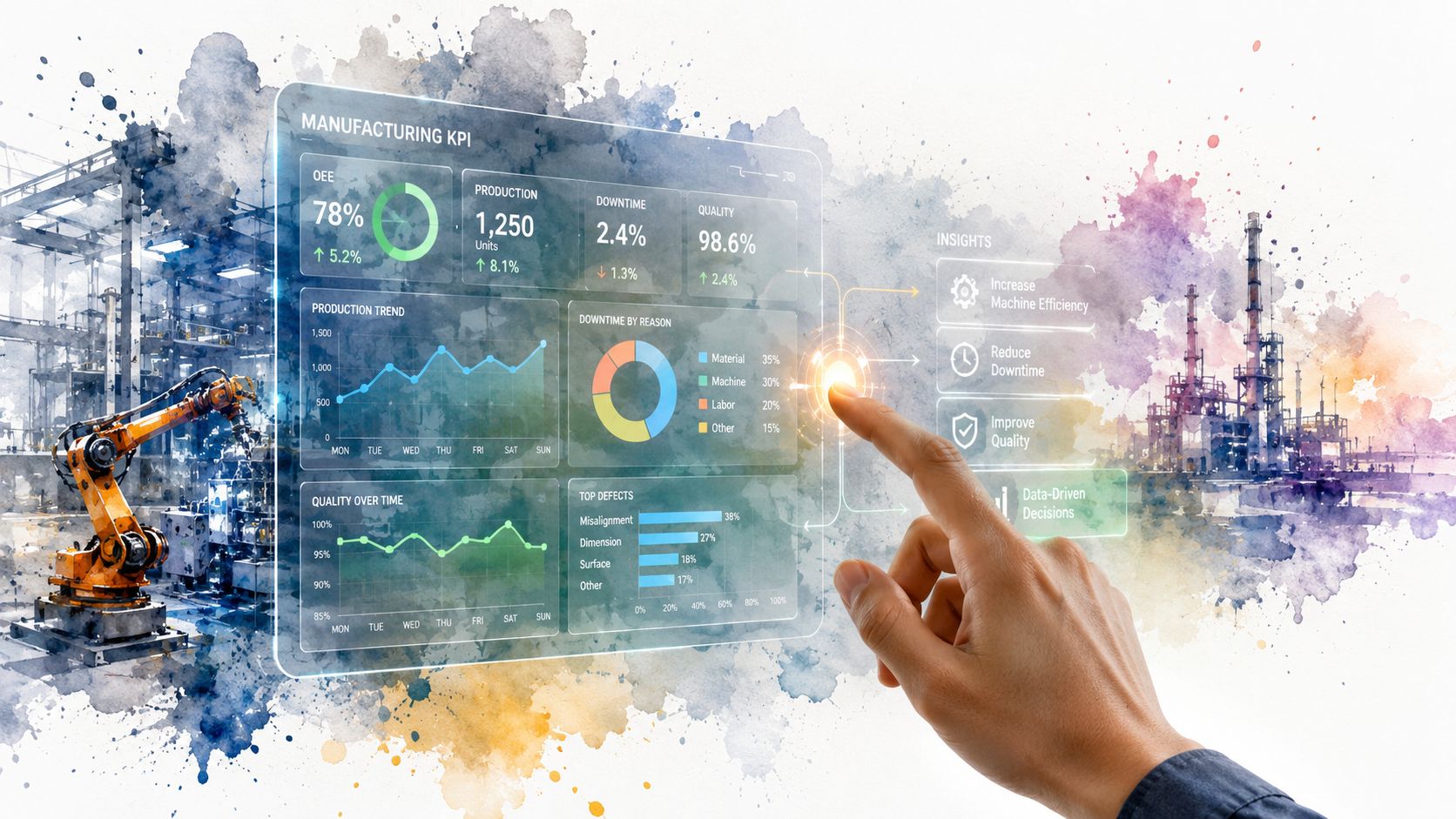 A hand interacting with a digital holographic dashboard showing manufacturing KPI metrics and industrial data visualizations.