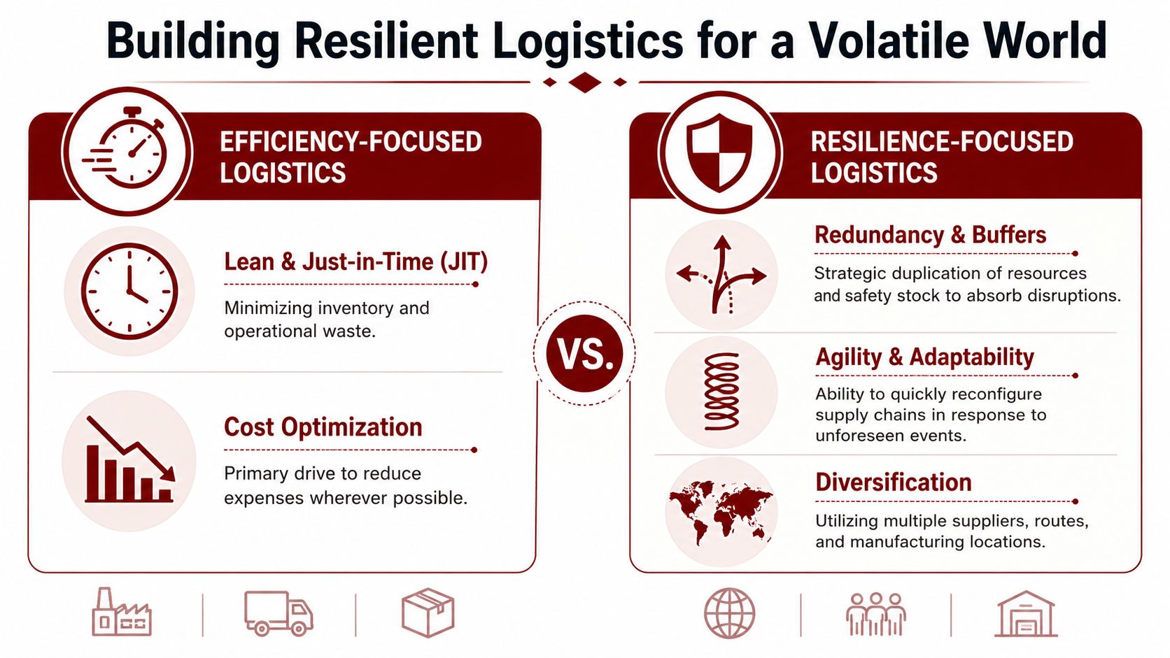 A comparison infographic between efficiency-focused logistics and resilience-focused logistics for modern supply chain management.