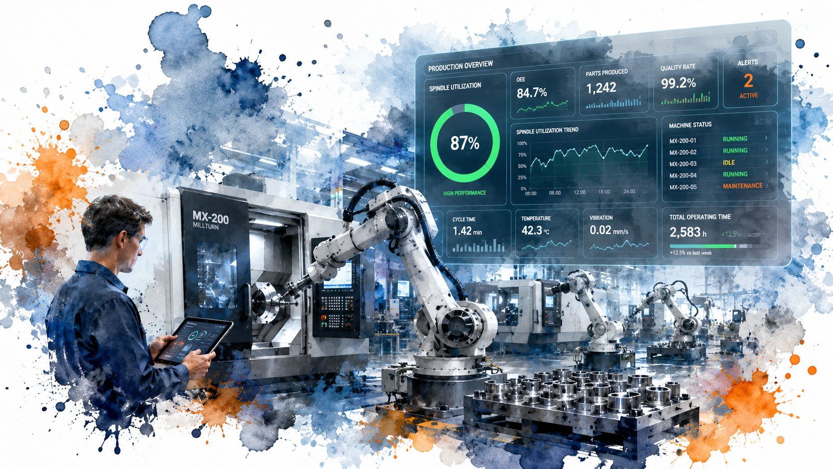 A technician using a tablet to monitor robotic arms and CNC machinery in a high-tech factory setting.