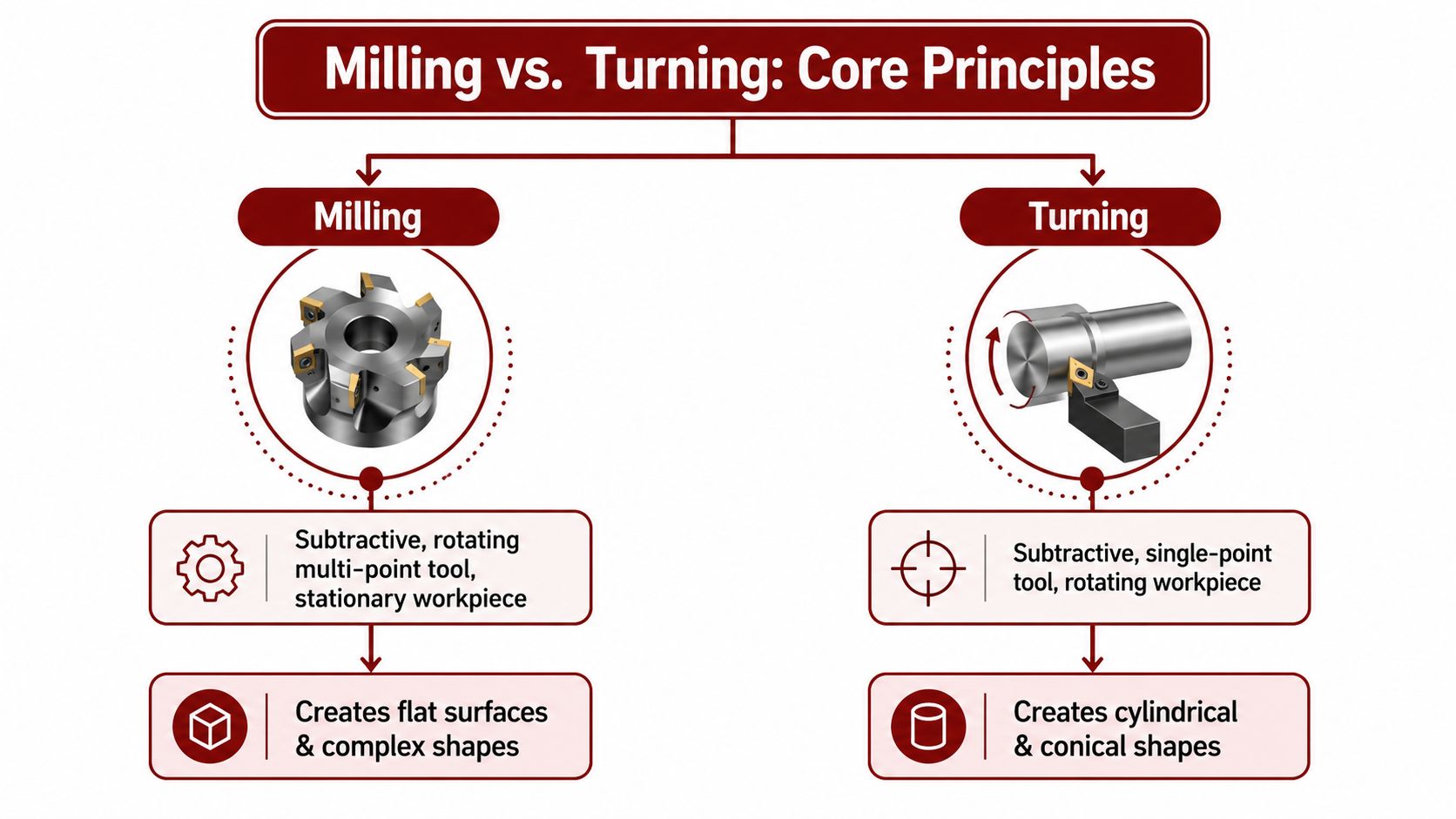 A comparison chart explaining the core principles and differences between milling and turning manufacturing processes.
