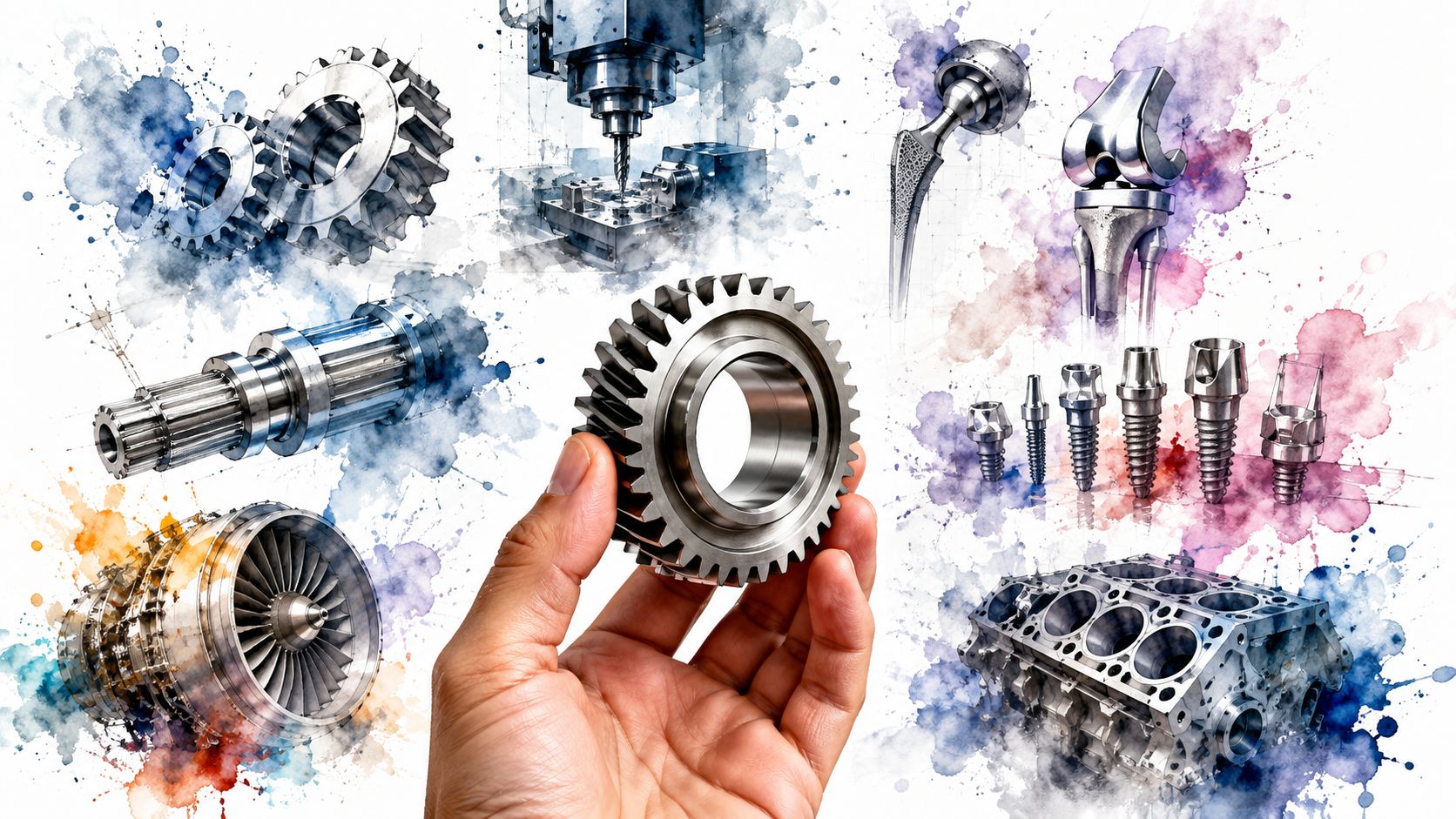 A hand holding a metallic gear surrounded by engineering components, medical implants, and machinery watercolor illustrations.