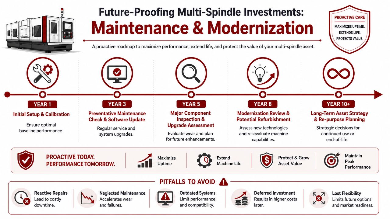 A roadmap graphic outlining maintenance and modernization strategies for multi-spindle machining investments over a ten-year period.