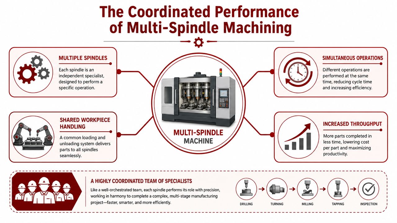 An infographic showing the coordinated performance and benefits of a multi-spindle machining manufacturing system.