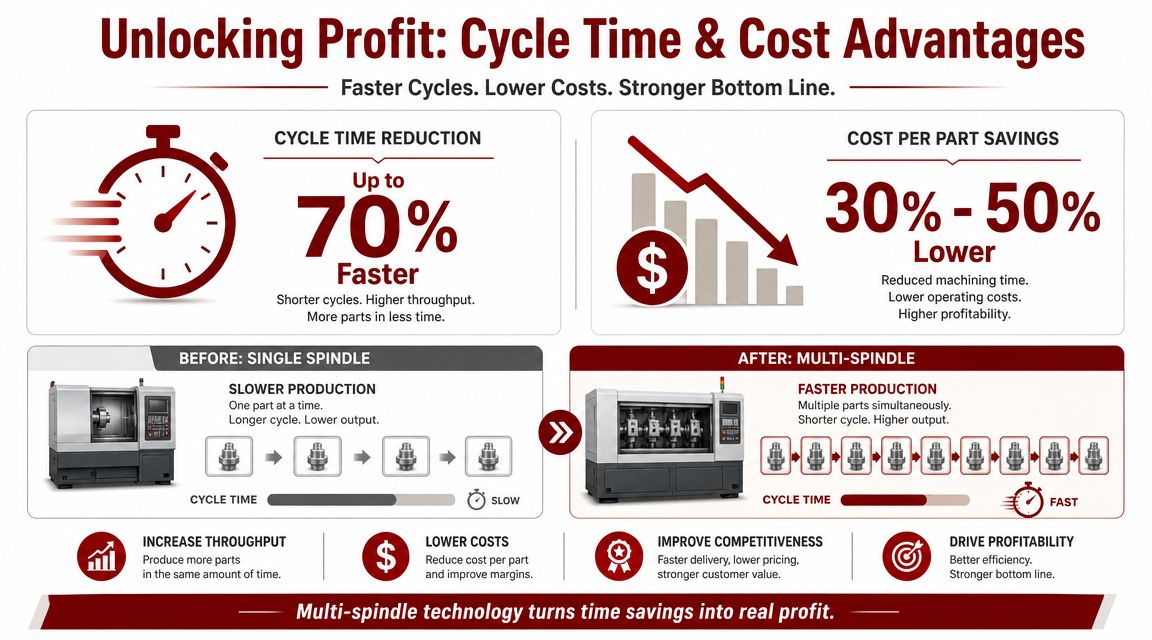 A marketing infographic illustrating how multi-spindle technology improves production speed and lowers costs for manufacturing businesses.