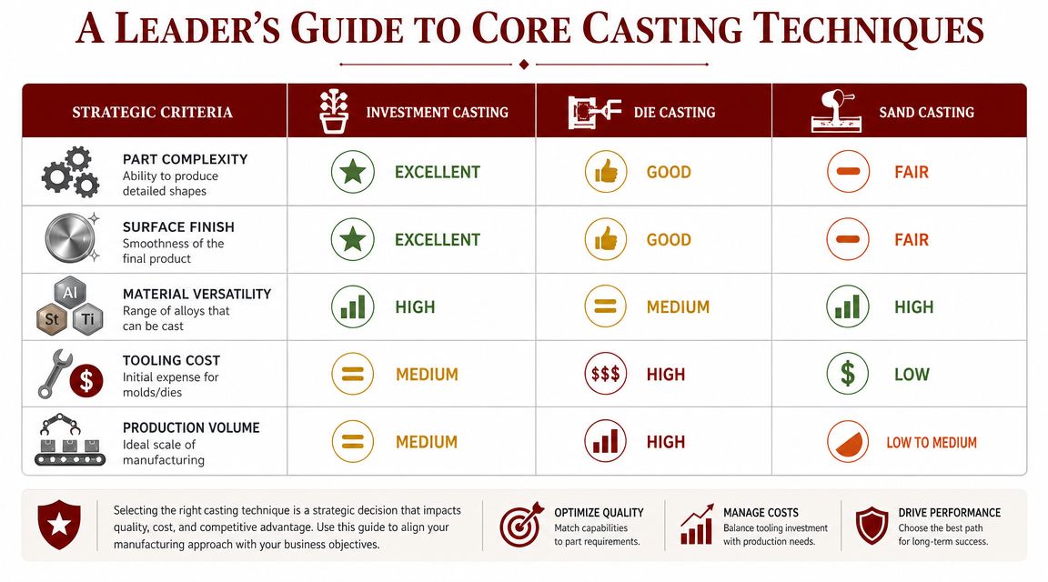 A comparison chart outlining investment, die, and sand casting techniques based on criteria like complexity, cost, and volume.