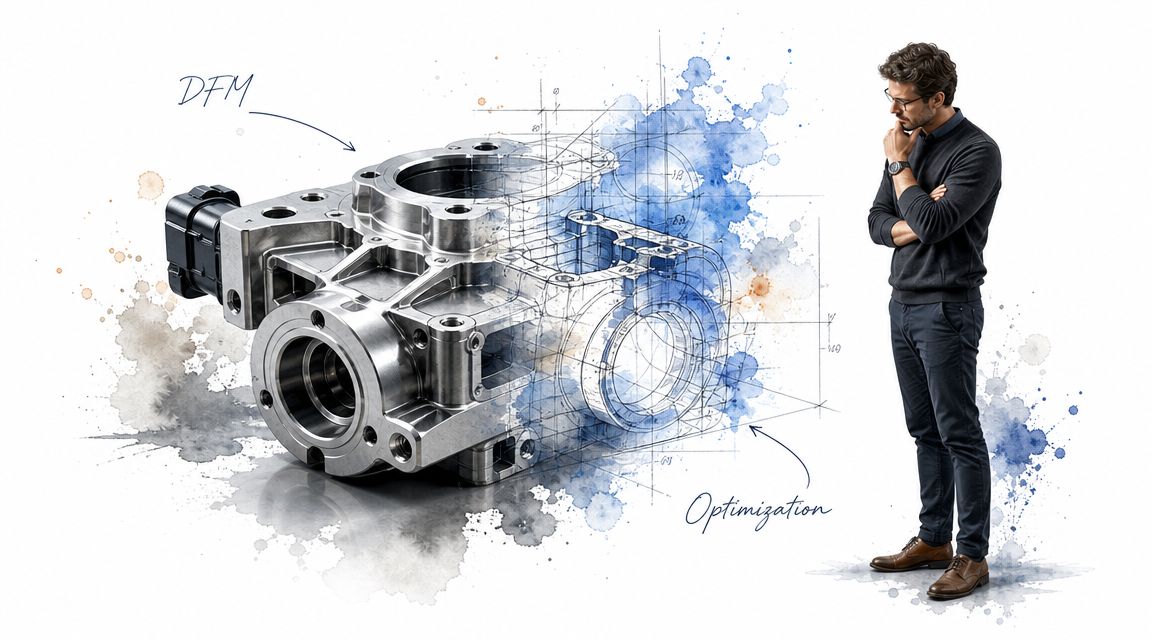 A man in a sweater looking at a complex metal part integrated with blue technical engineering blueprints.