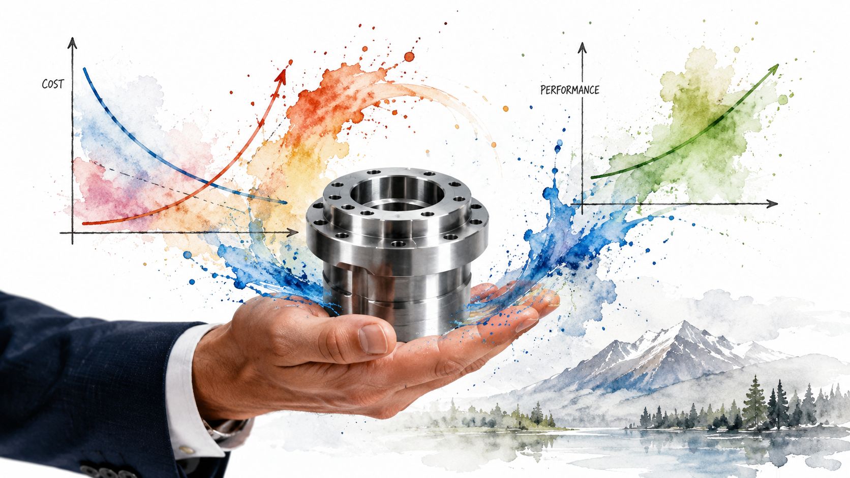 A professional hand holds a metallic precision part surrounded by abstract watercolor charts representing performance and cost metrics.