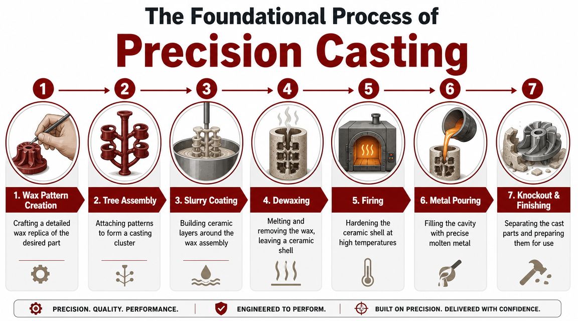 A detailed seven-step infographic illustrating the professional industrial process of investment or precision casting.