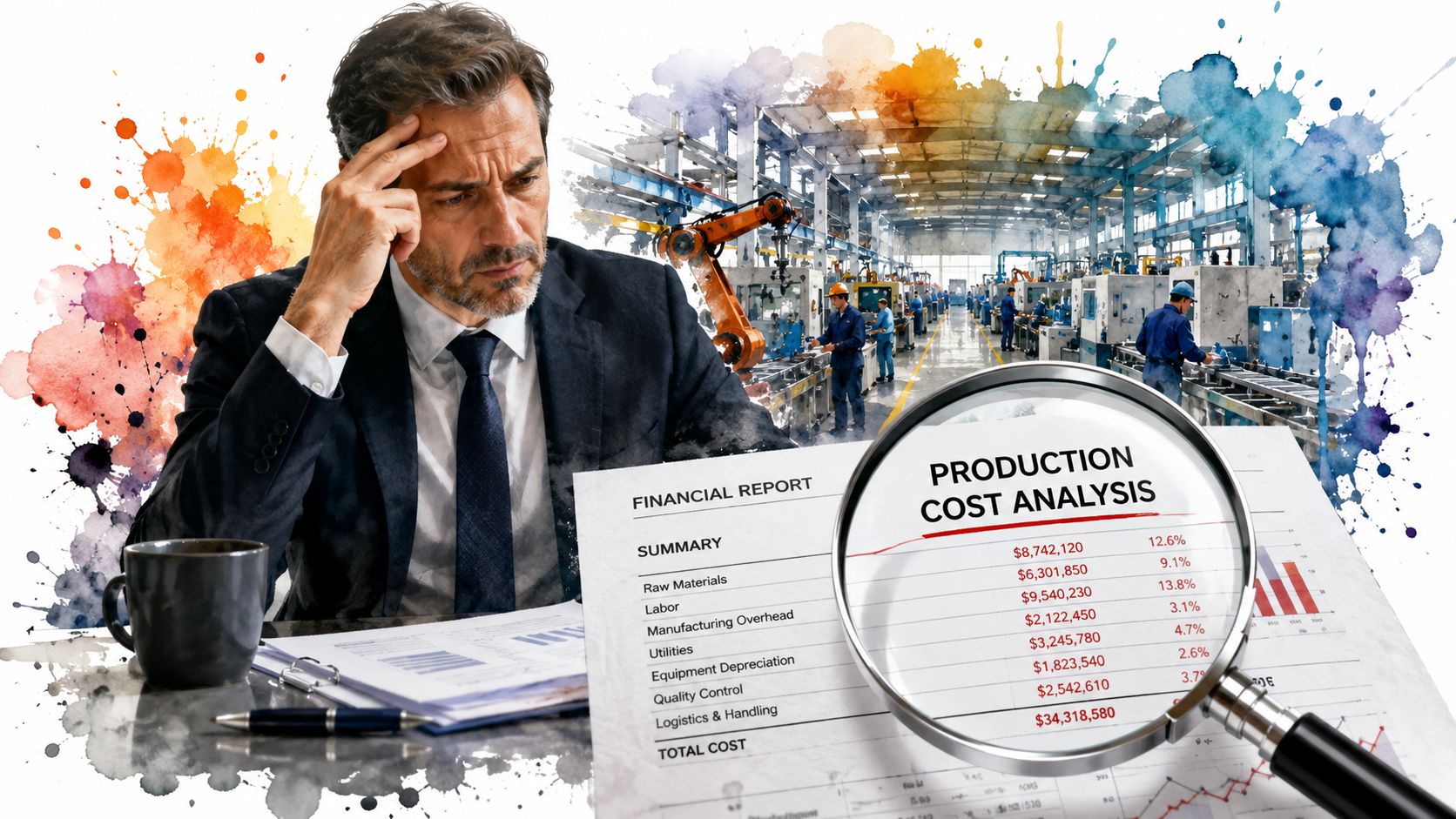 A stressed businessman analyzing a financial report on production costs in a manufacturing facility setting.