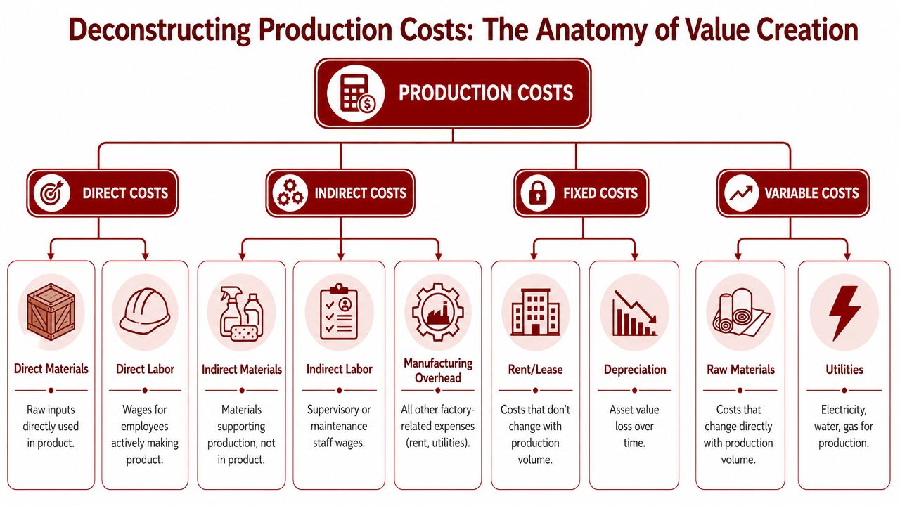 An organizational chart showing the anatomy of production costs, including direct, indirect, fixed, and variable expenses.