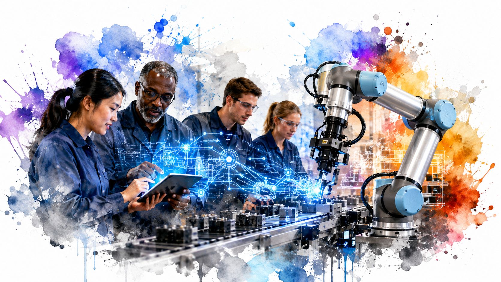 A diverse team of engineers collaborating on robotics automation in a manufacturing facility using a digital tablet.